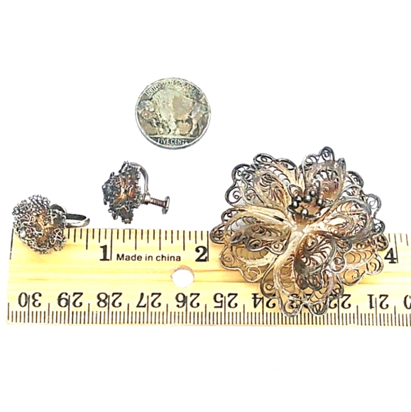 ANTIQUE Sterling Silver Flower Brooch + Earrings - Picture 6 of 8